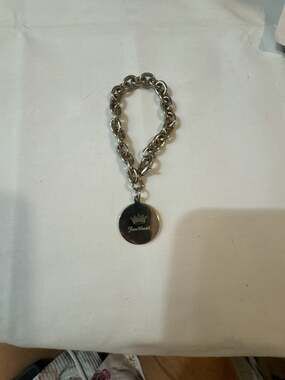 Yvette Mandell Silver Tone Link Chain Charm Bracelet with Logo Crown Medallion